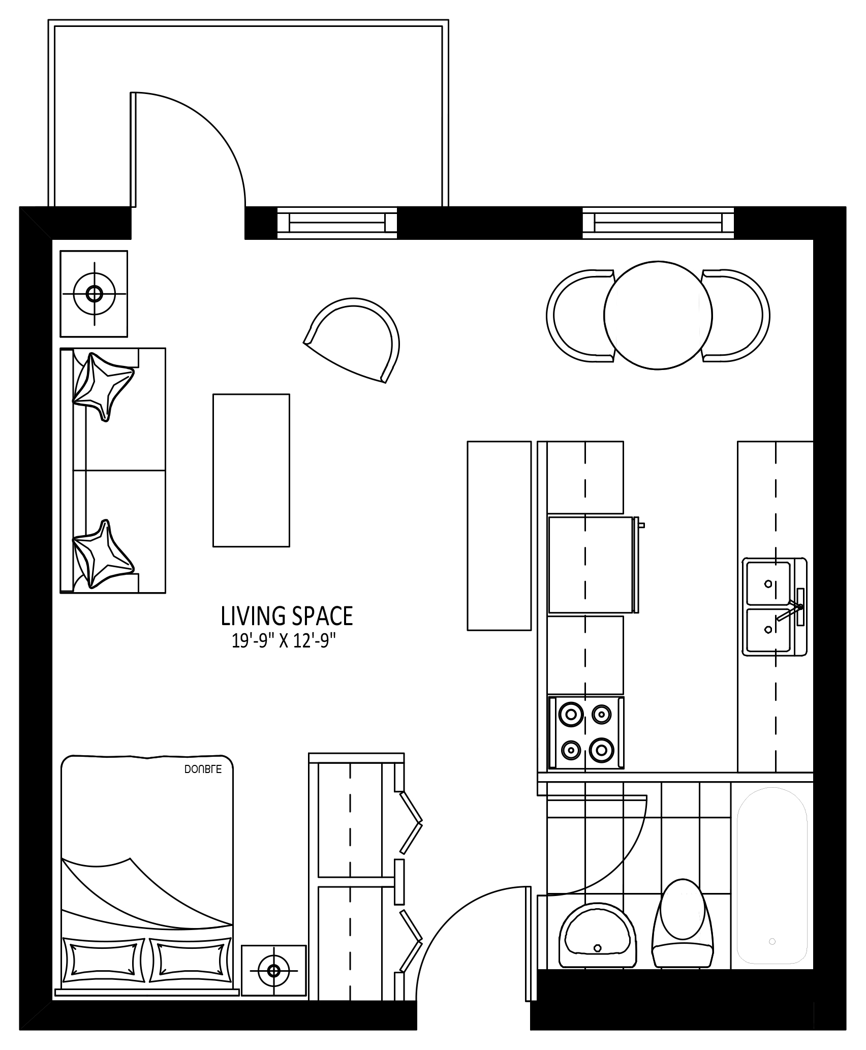 Floor plan for studio, 1 bath, 451 sqft